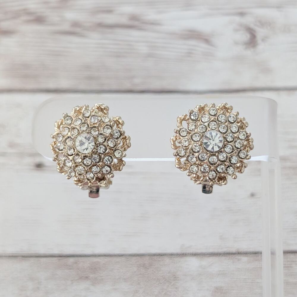 Vintage Clip On Earrings 0.75" Clear Gem & Gold Tone Statement